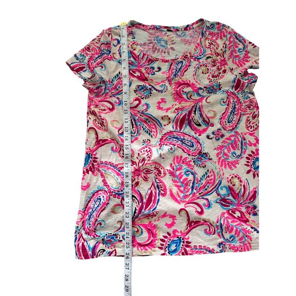 Lilly Pulitzer Etta Scoop Neck Top Short Sleeve Paisley Pink White Womens Size M - Picture 7 of 9